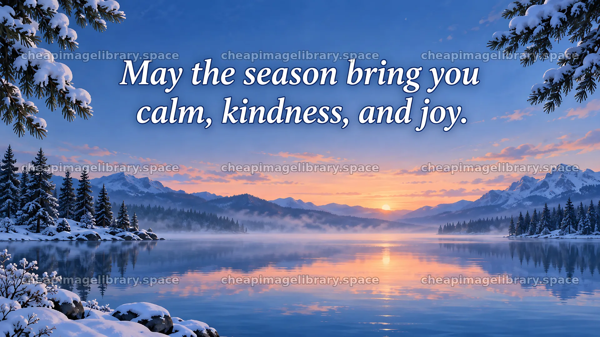 Christmas Greeting over a Snowy Mountain Lake – image library 10324x5812