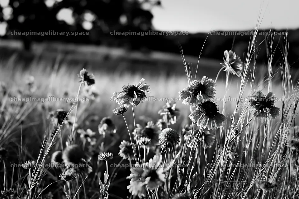 Tall grass meadow with wildflowers in black and white – image library 9722x6480