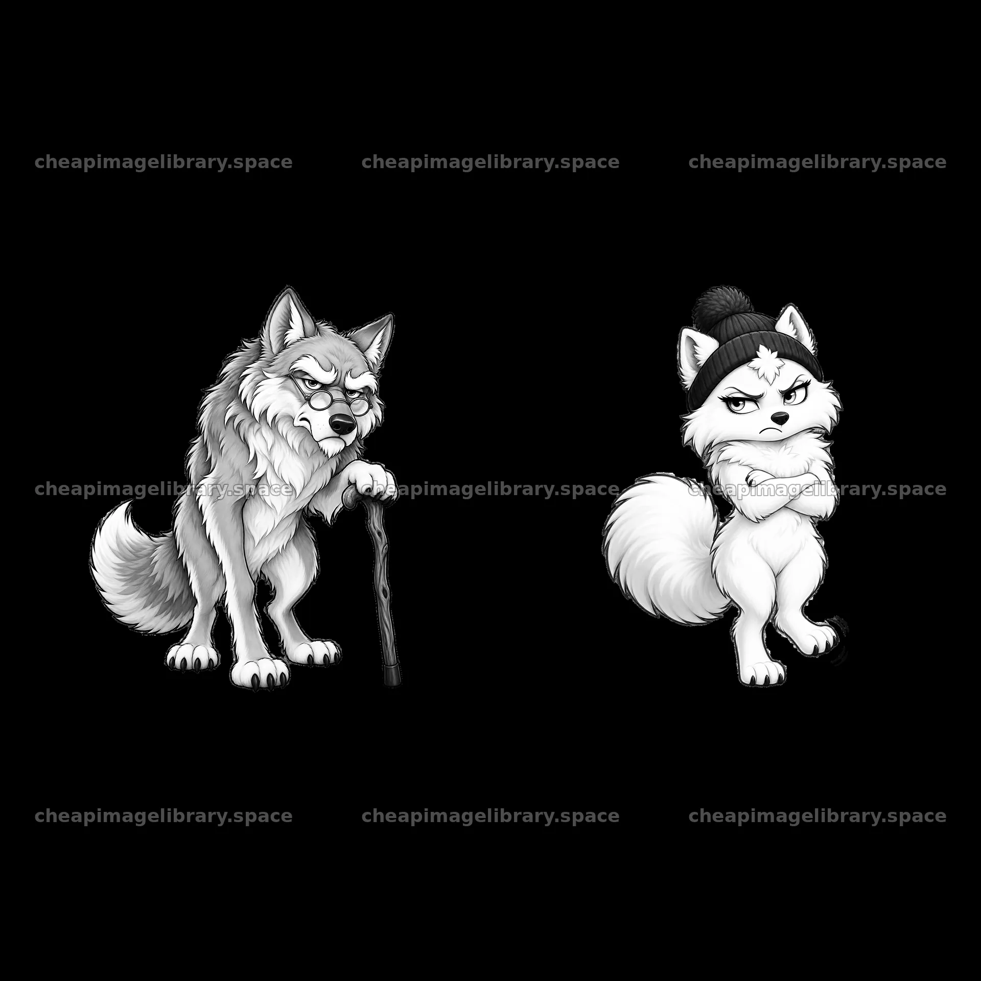 Grumpy wolf characters in black-and-white cartoon sticker design – image library 7746x7746