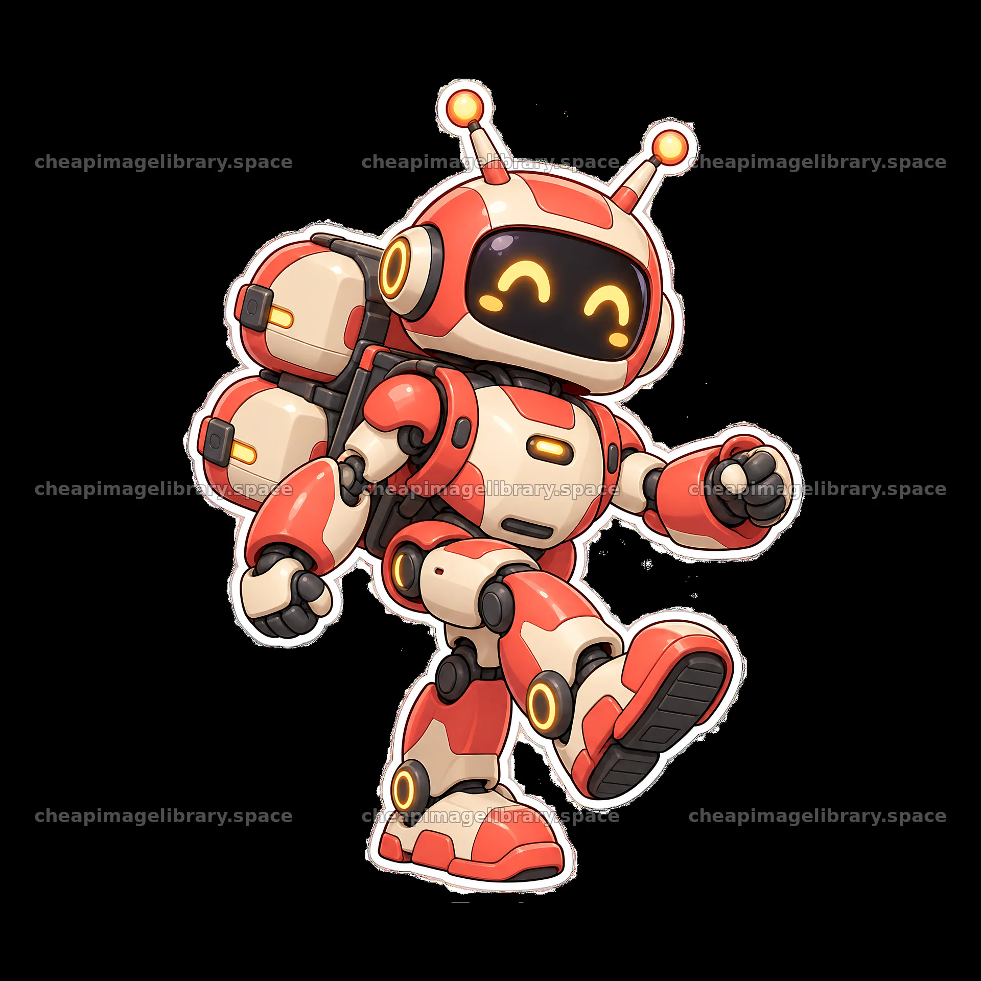 Happy mech robot with backpack smiling and walking – image library 7746x7746
