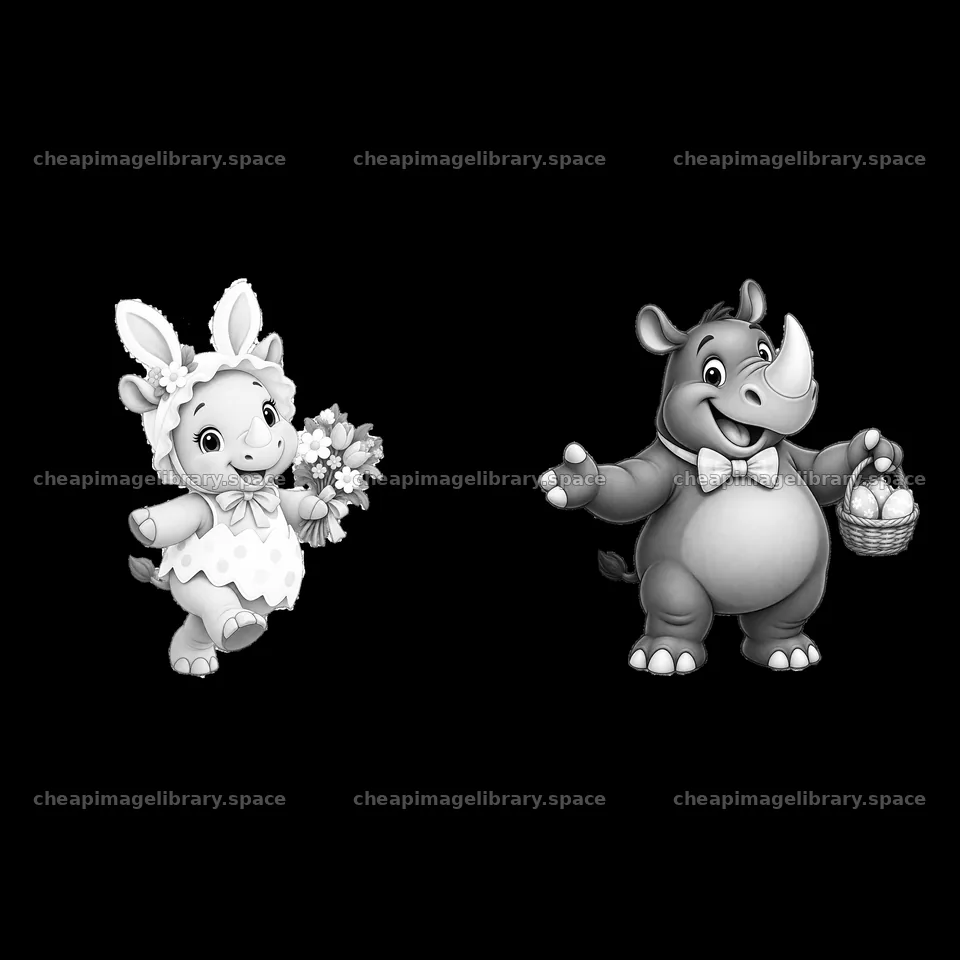 Easter rhinoceros and bunny character with flowers and eggs – image library 7746x7746
