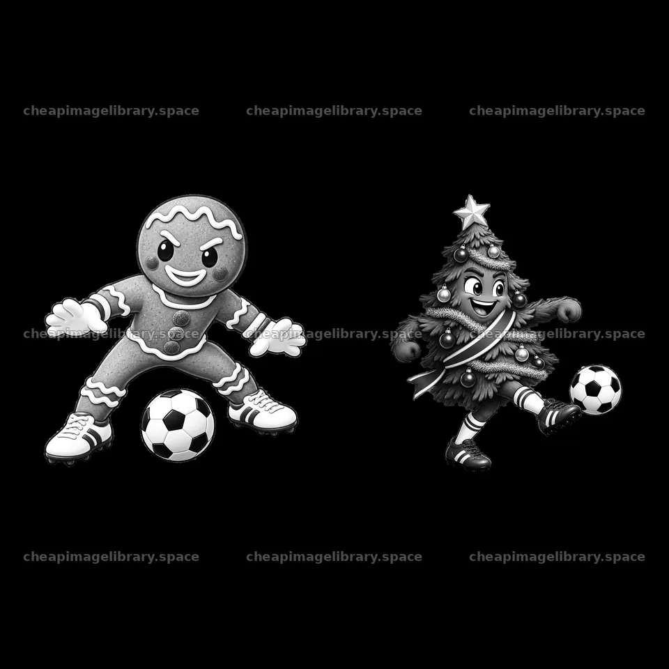 Gingerbread man and Christmas tree kick soccer ball together – image library 7746x7746