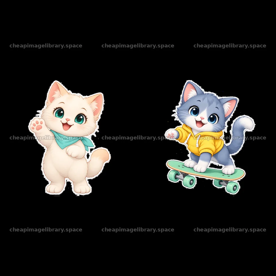 Kawaii cats waving and skating in a fun pair of stickers – image library 7746x7746
