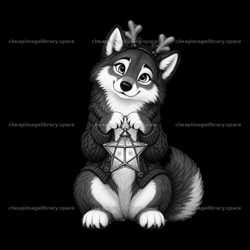 Christmas wolf holding a star ornament wearing a sweater – image library 7746x7746