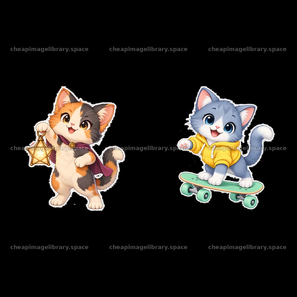 Kawaii cats with lantern and skateboard in cheerful poses – image library 7746x7746