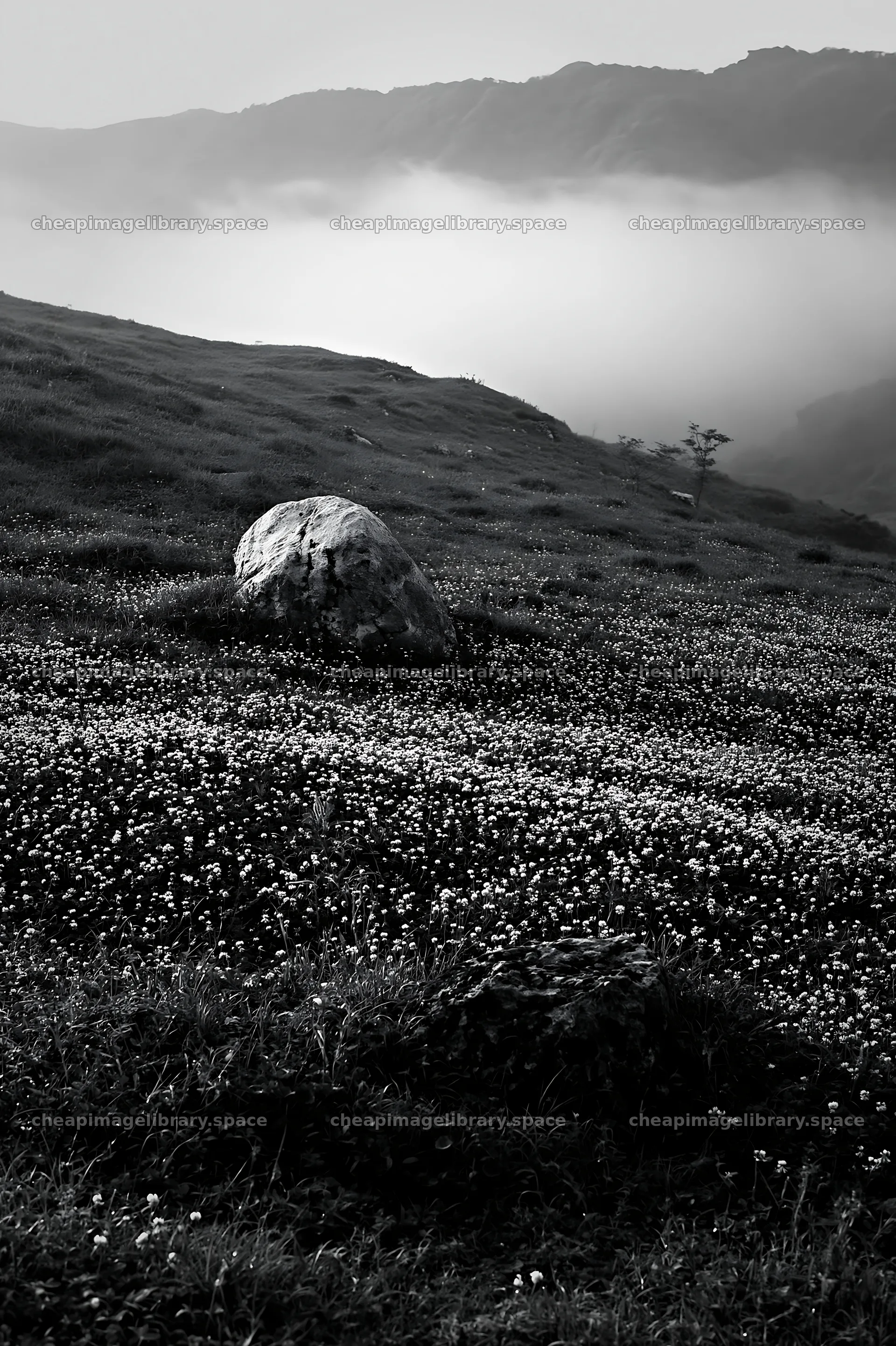 Yamaguchi limestone meadow with pale boulder under cloudy sky – image library 6480x9722