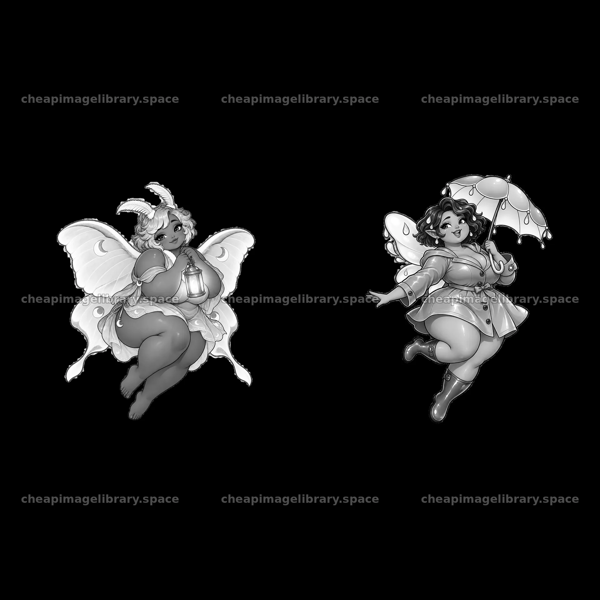 Kawaii ultra-fat fairy duo with lantern and umbrella – image library 7746x7746