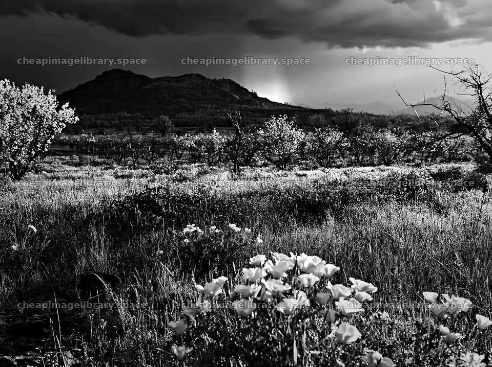 Foothill orchard meadow under cloudy sky – image library 9174x6866
