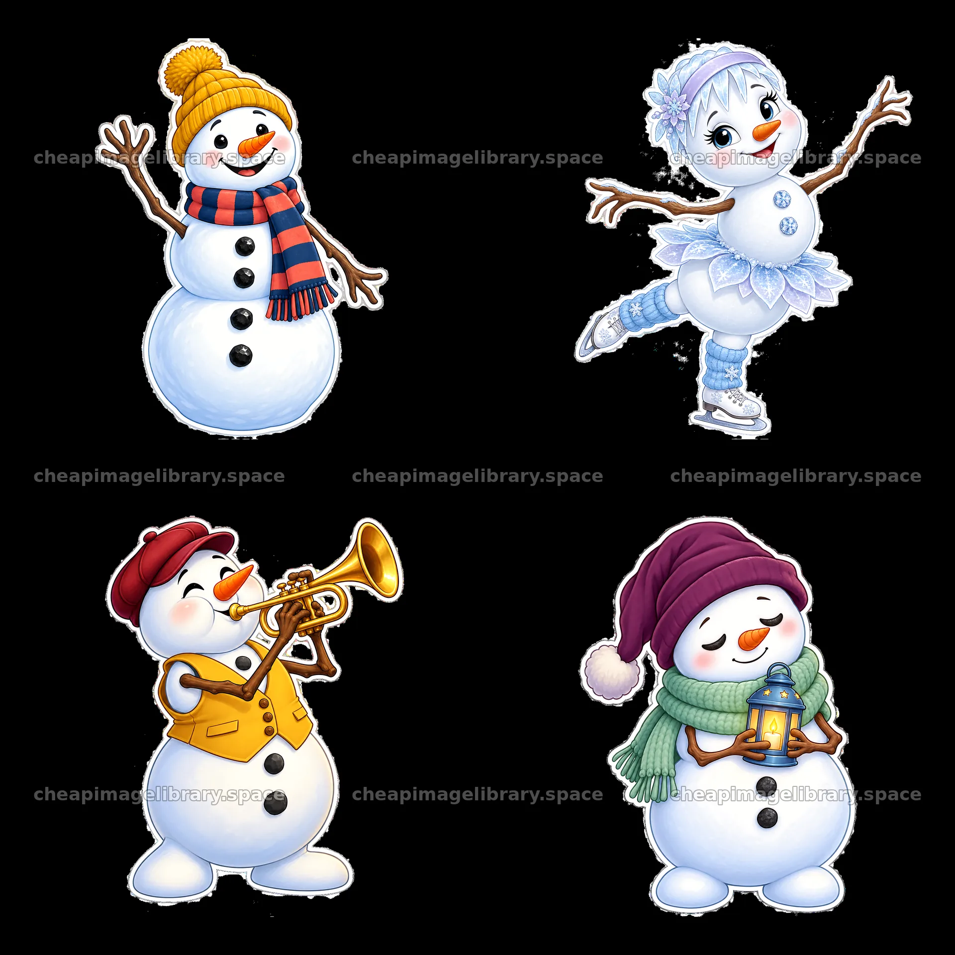 Snowman characters engaged in winter activities in a square layout – image library 7746x7746