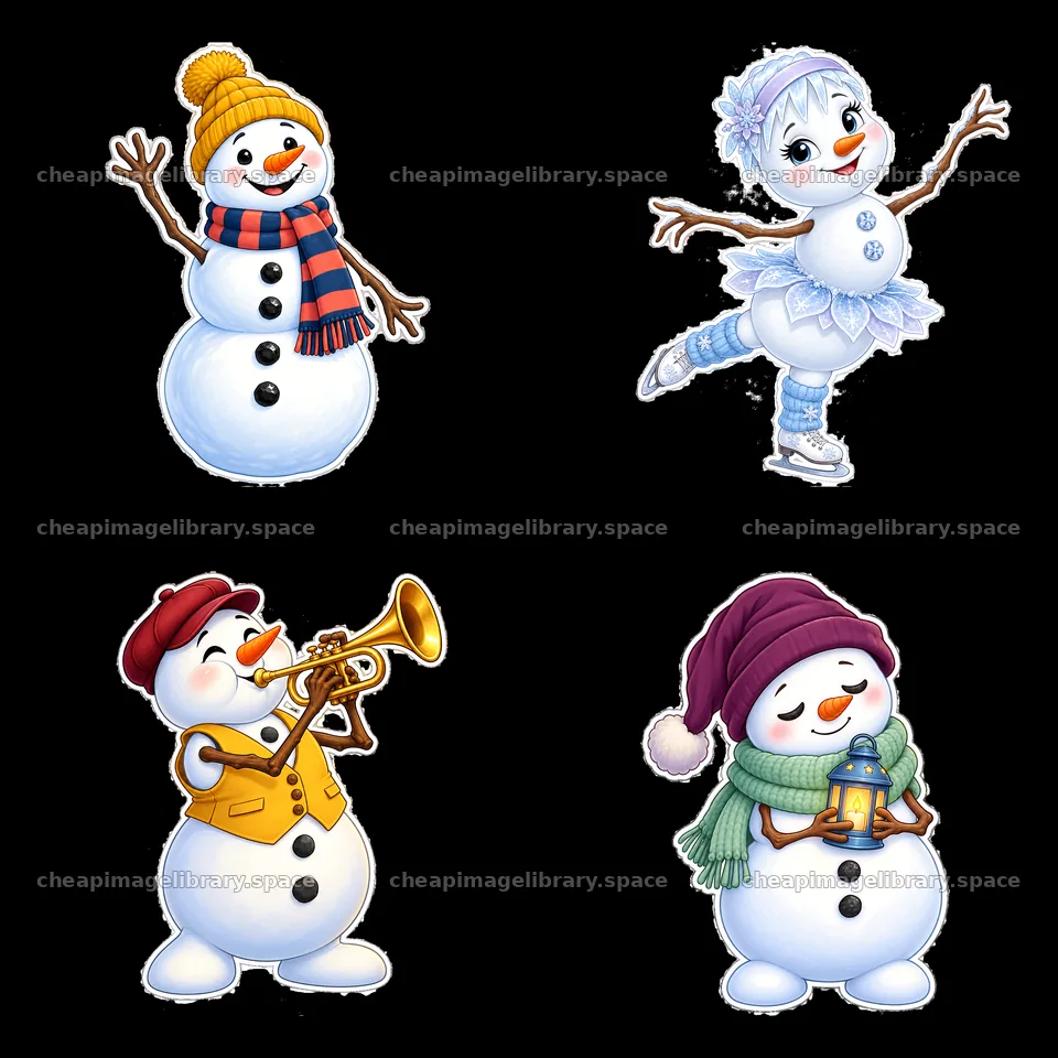 Snowman characters engaged in winter activities in a square layout – image library 7746x7746