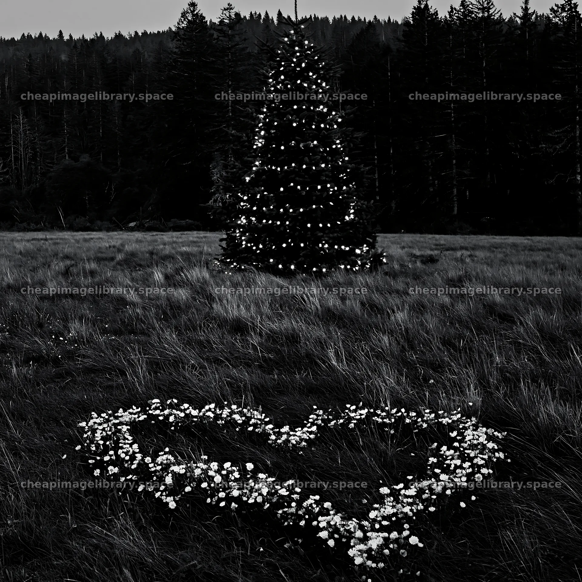 Christmas tree at dusk in meadow near cave – image library 7938x7938