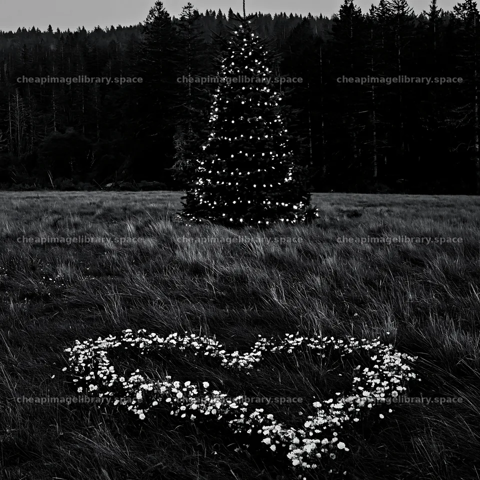 Christmas tree at dusk in meadow near cave – image library 7938x7938