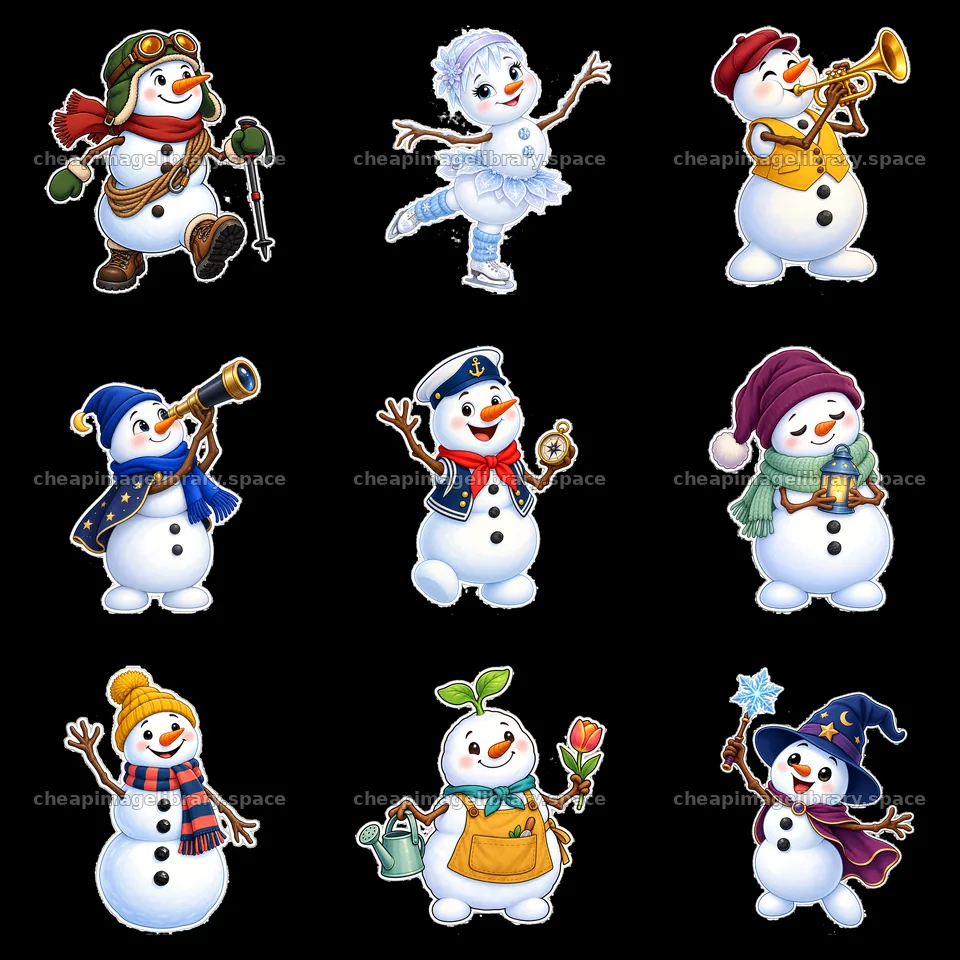 Snowman characters in various activities and outfits in a grid – image library 7746x7746