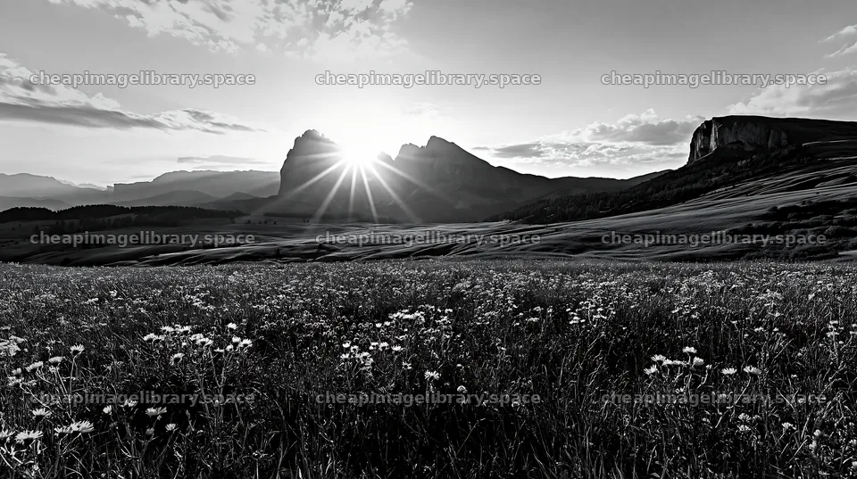 Sunbeams over Alpe di Siusi meadow and mountains – image library 10608x5938