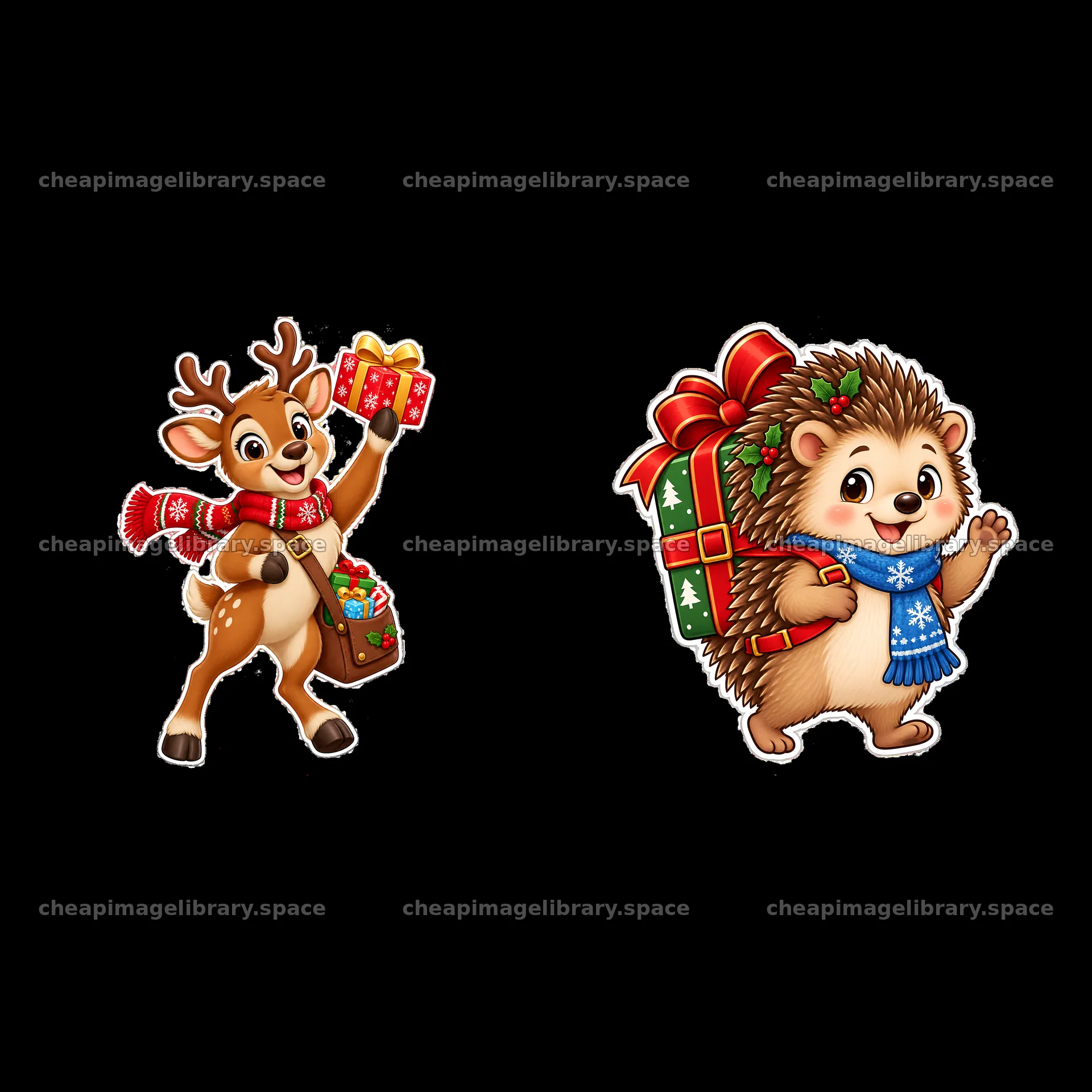 Reindeer and hedgehog carry Christmas gifts together – image library 7746x7746