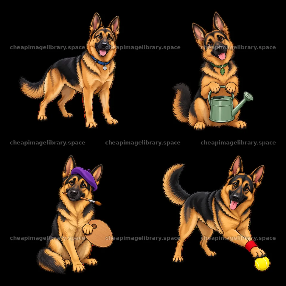 German Shepherd Dog stickers with activities in a 2x2 layout – image library 7746x7746