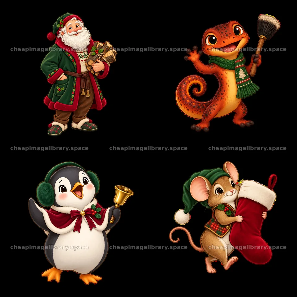 Cartoon Christmas characters by the fireplace with festive props – image library 7746x7746