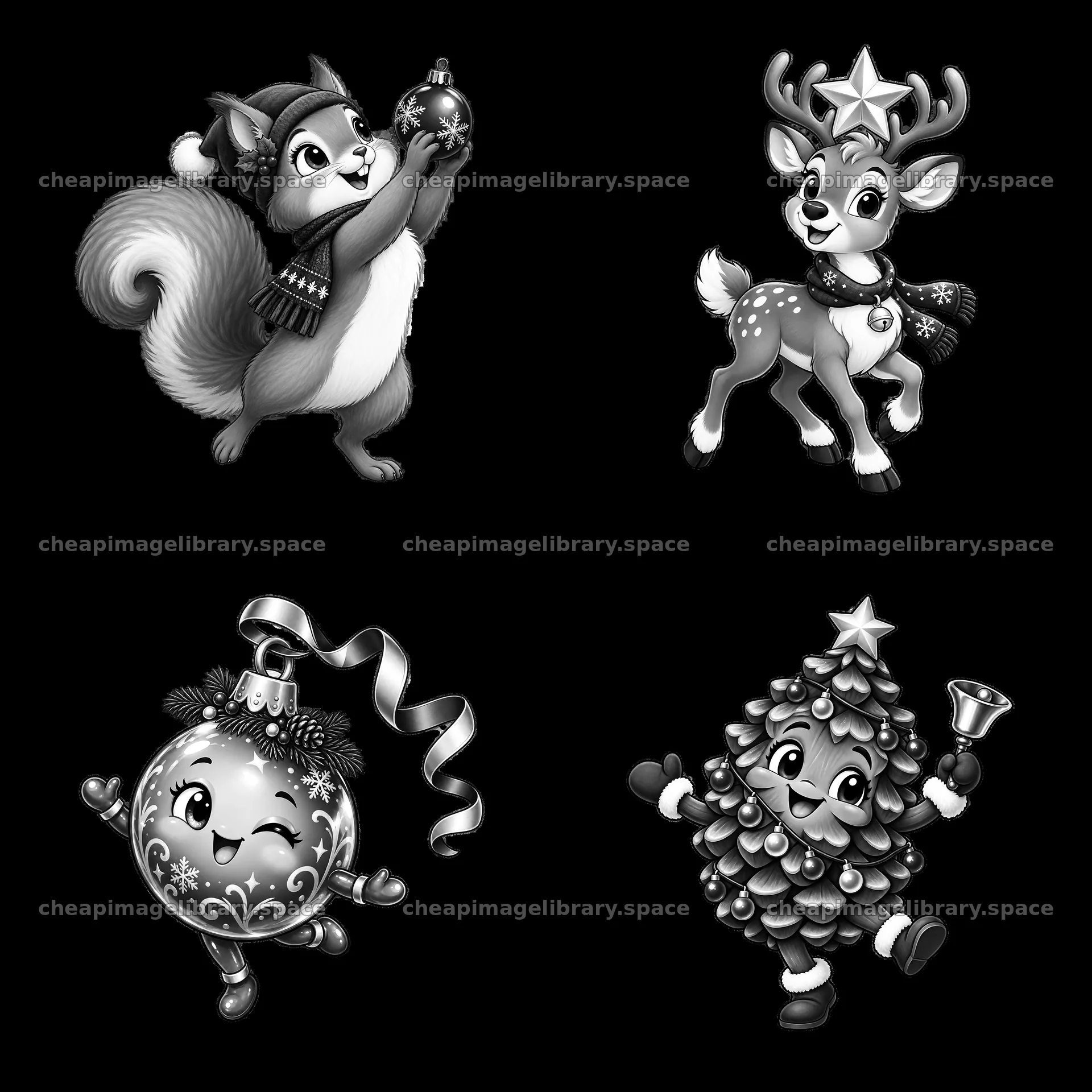 Cartoon animals and ornaments celebrate Christmas in black and white – image library 7746x7746