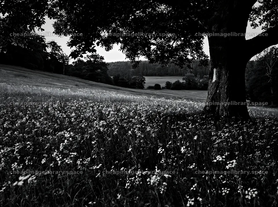 German foothill meadow with blooming flowers under a tree – image library 9174x6866
