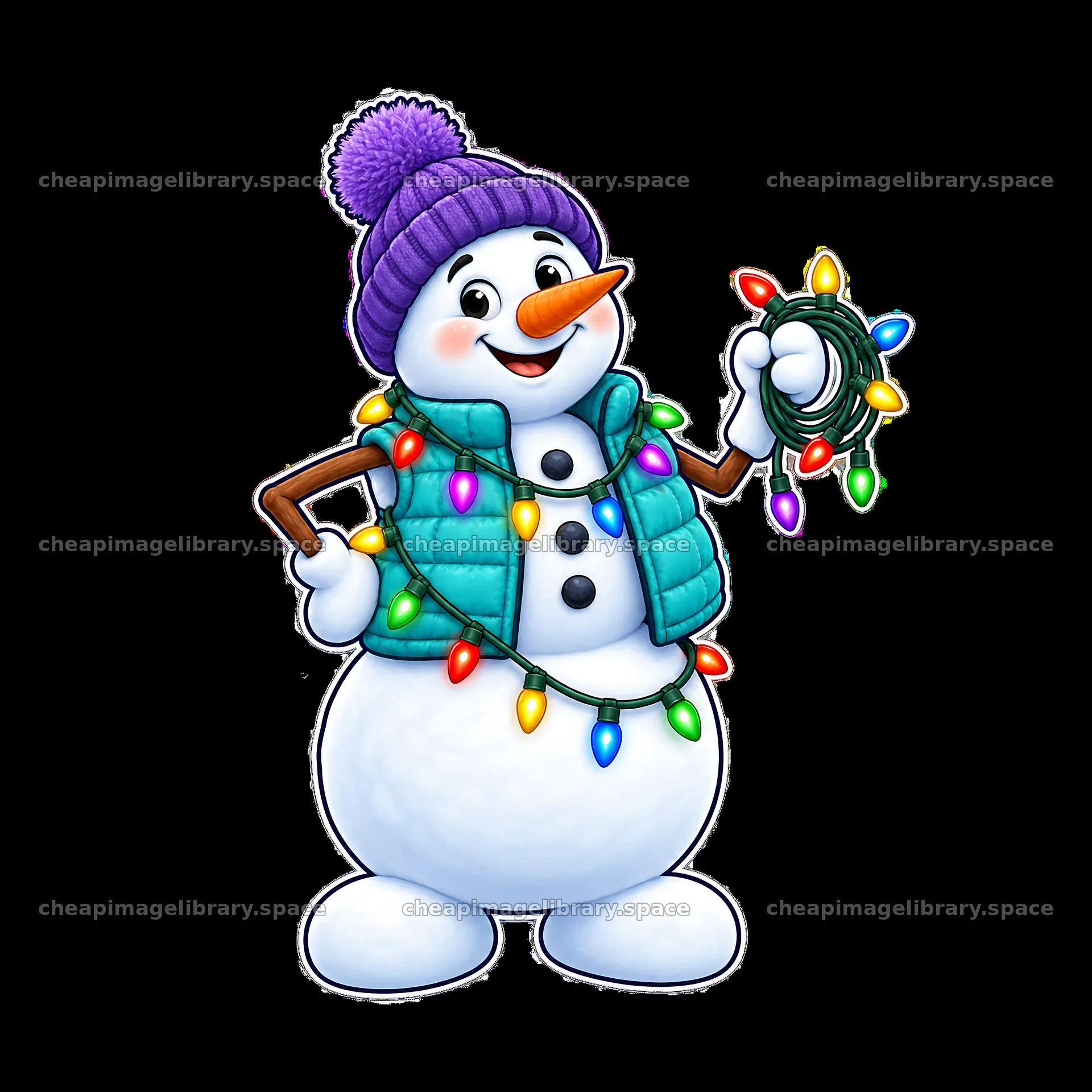 Snowman wearing a purple hat and string lights in hand – image library 7746x7746