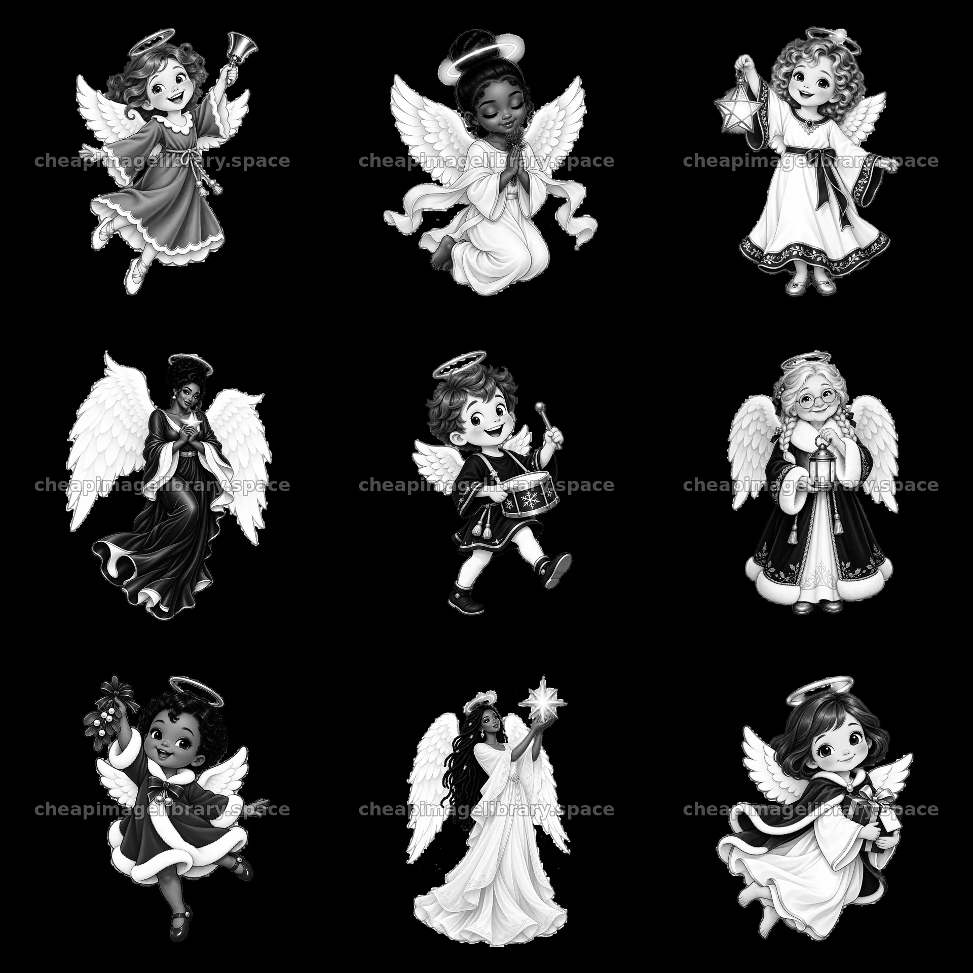 Nine Christmas angel stickers in black and white – image library 7746x7746