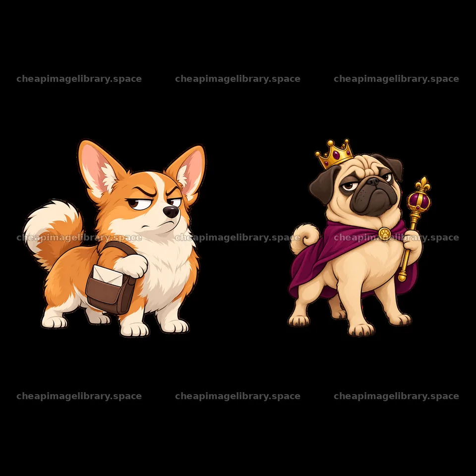 Grumpy corgi with a package next to a regal pug in a cape – image library 7746x7746