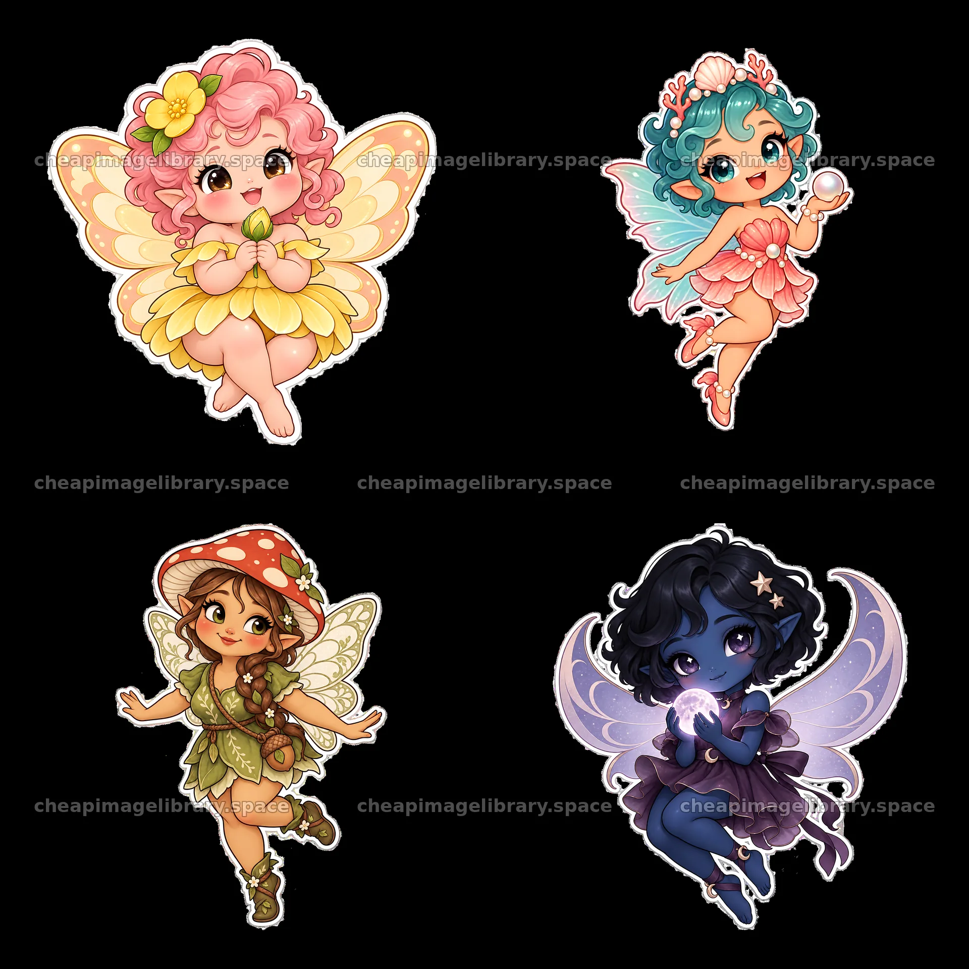 Kawaii chubby fairies in vibrant colors with unique accessories – image library 7746x7746