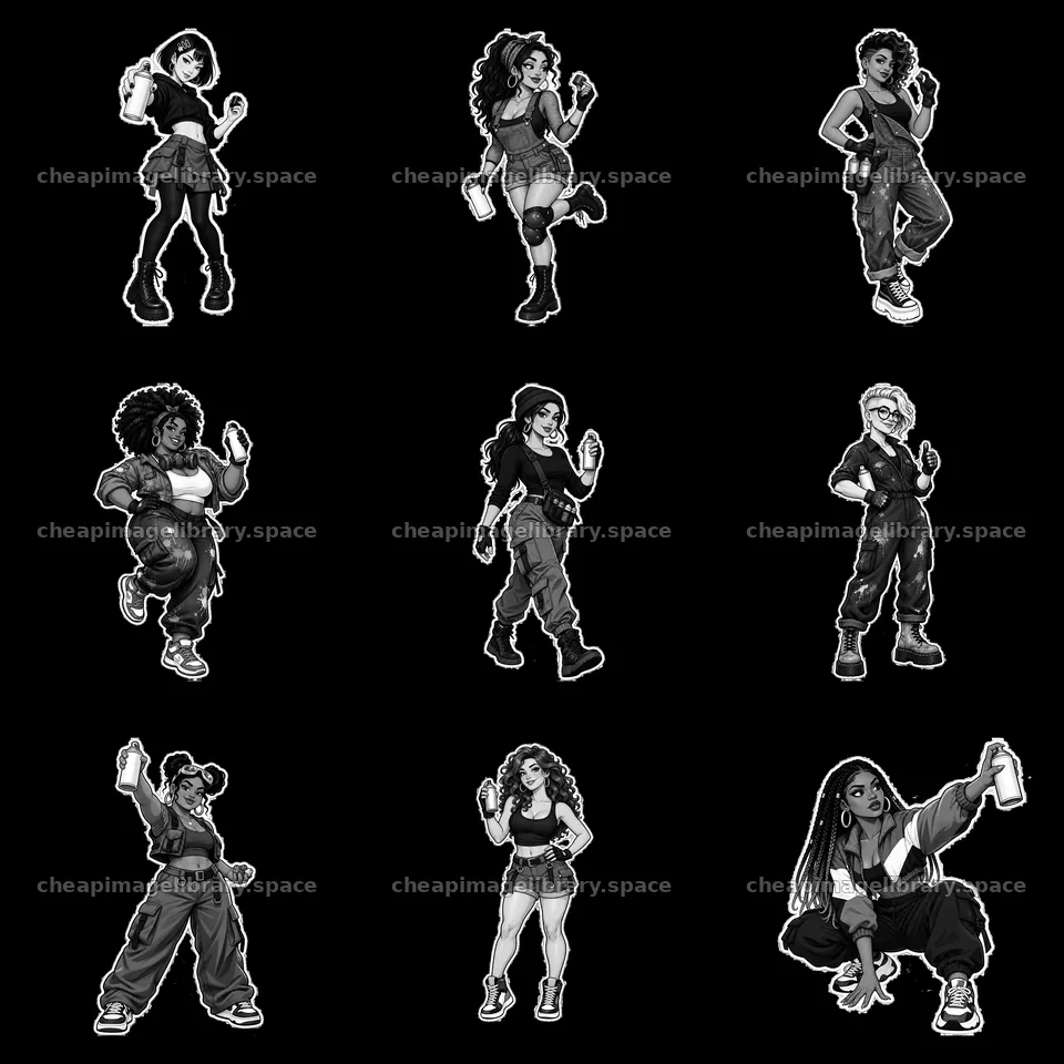 Nine sexy female graffiti sprayers in black and white design – image library 7746x7746
