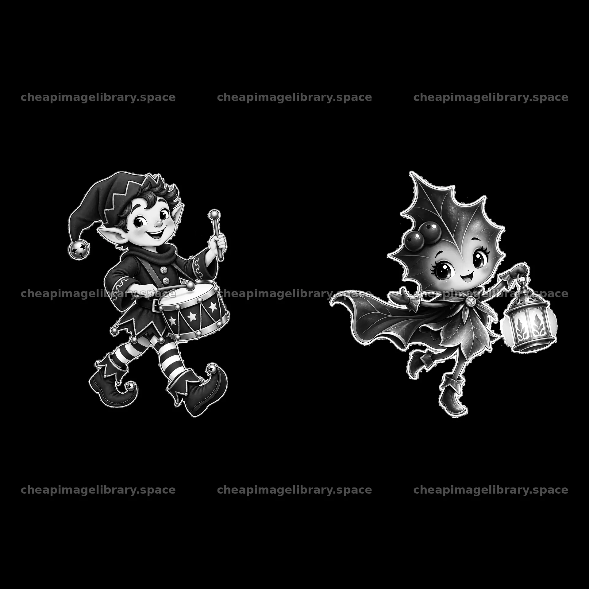 Elf with drum and holly character carrying lantern – image library 7746x7746