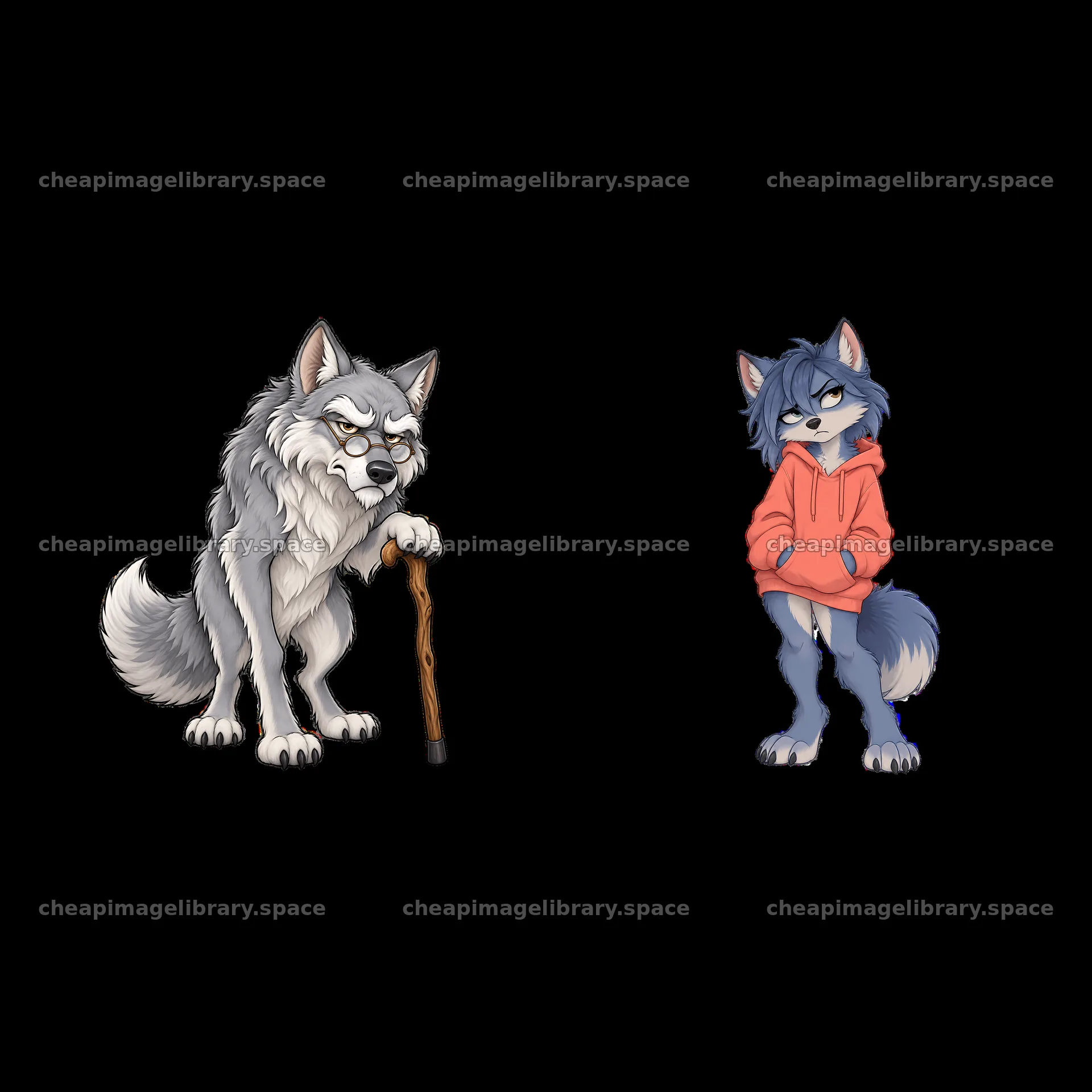 Grumpy wolf with cane and young wolf in hoodie – image library 7746x7746