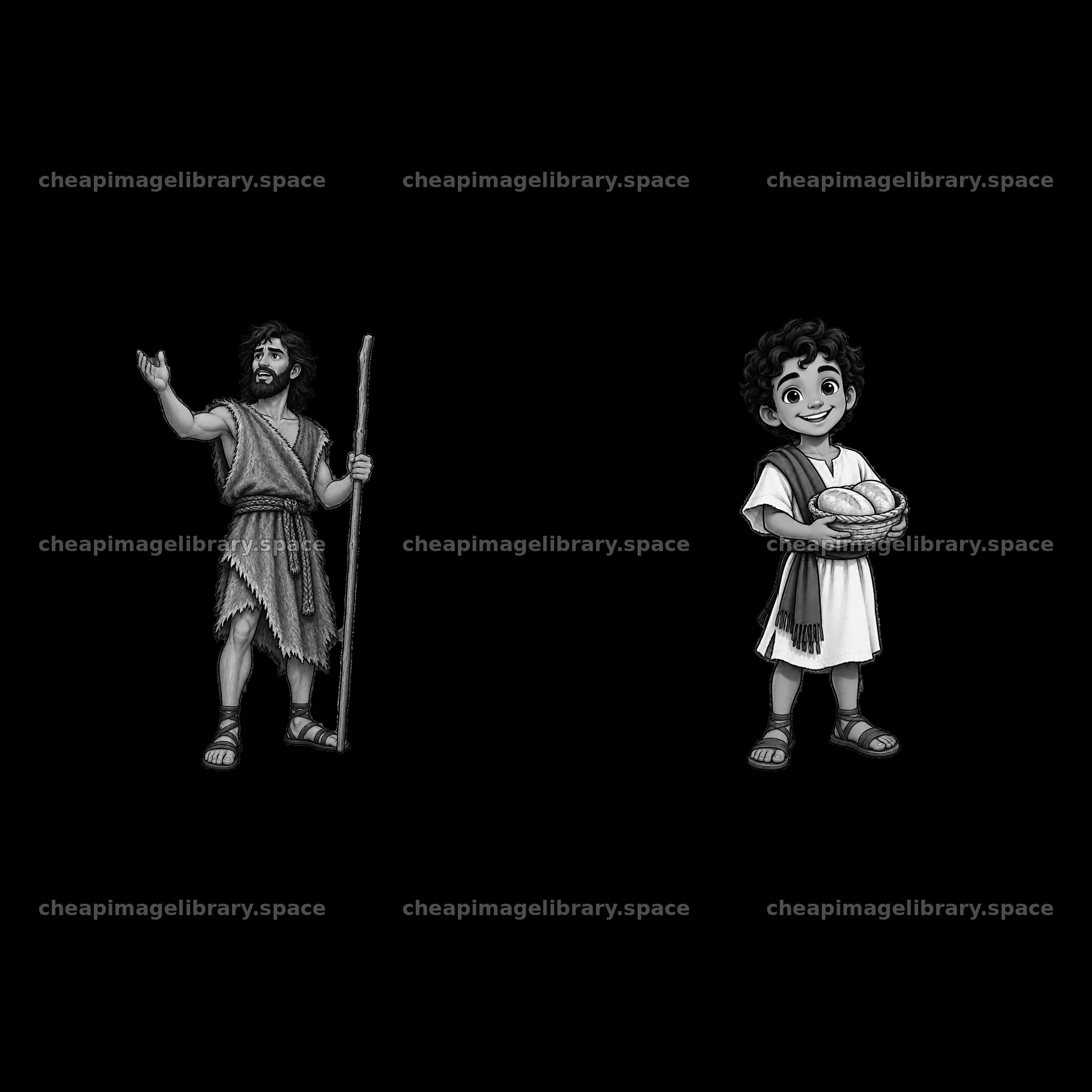 Jesus teaching with a boy holding bread in a cartoon illustration – image library 7746x7746