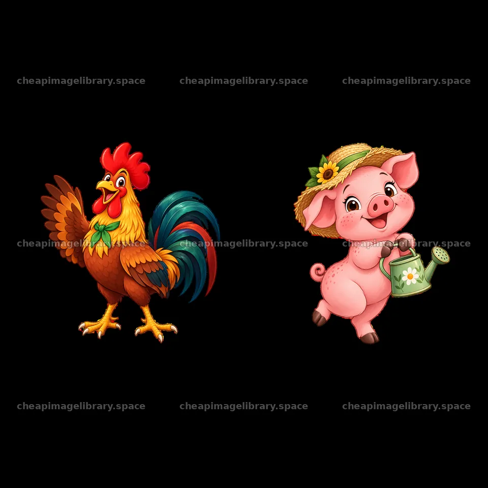 Cartoon rooster and piglet with watering can on farm – image library 7746x7746