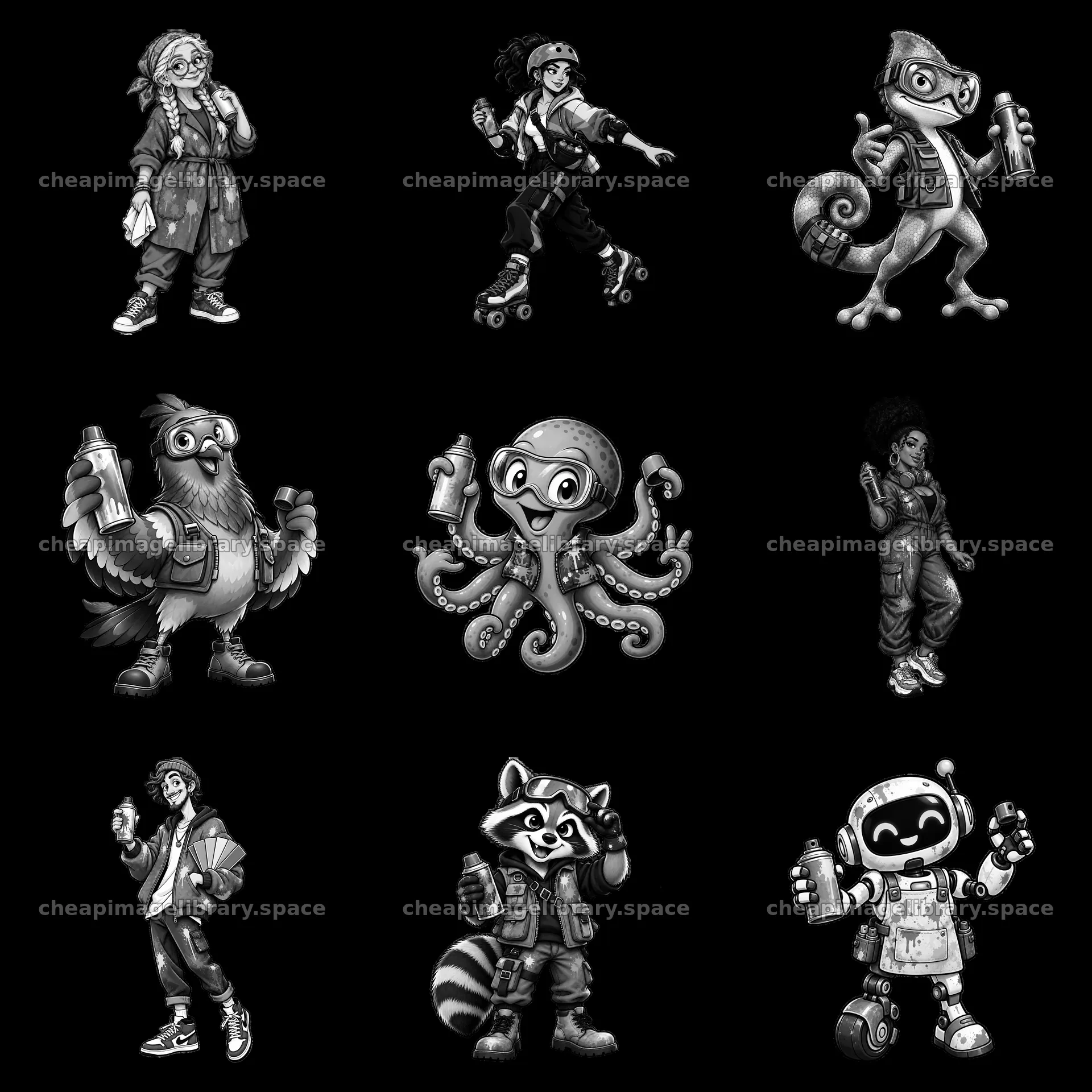 Cartoon characters spraying graffiti in black-and-white illustration – image library 7746x7746