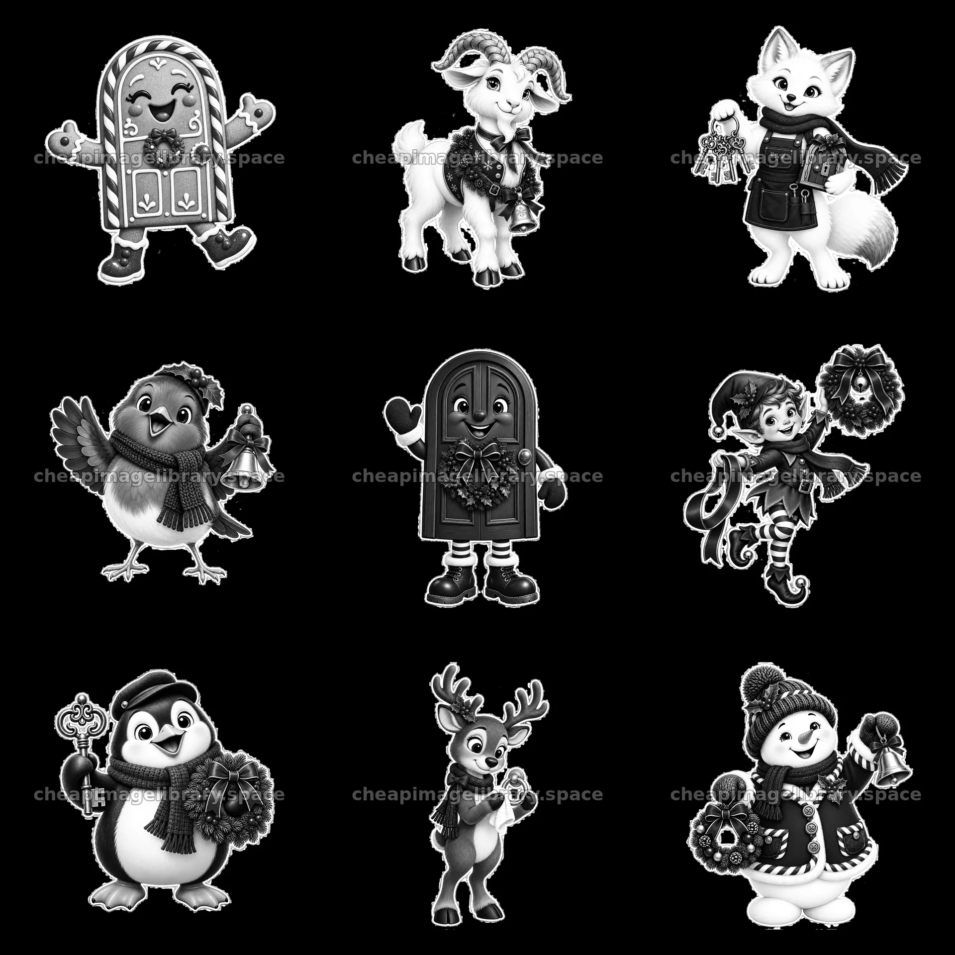 Christmas characters with bells and wreaths in a 3x3 grid – image library 7746x7746
