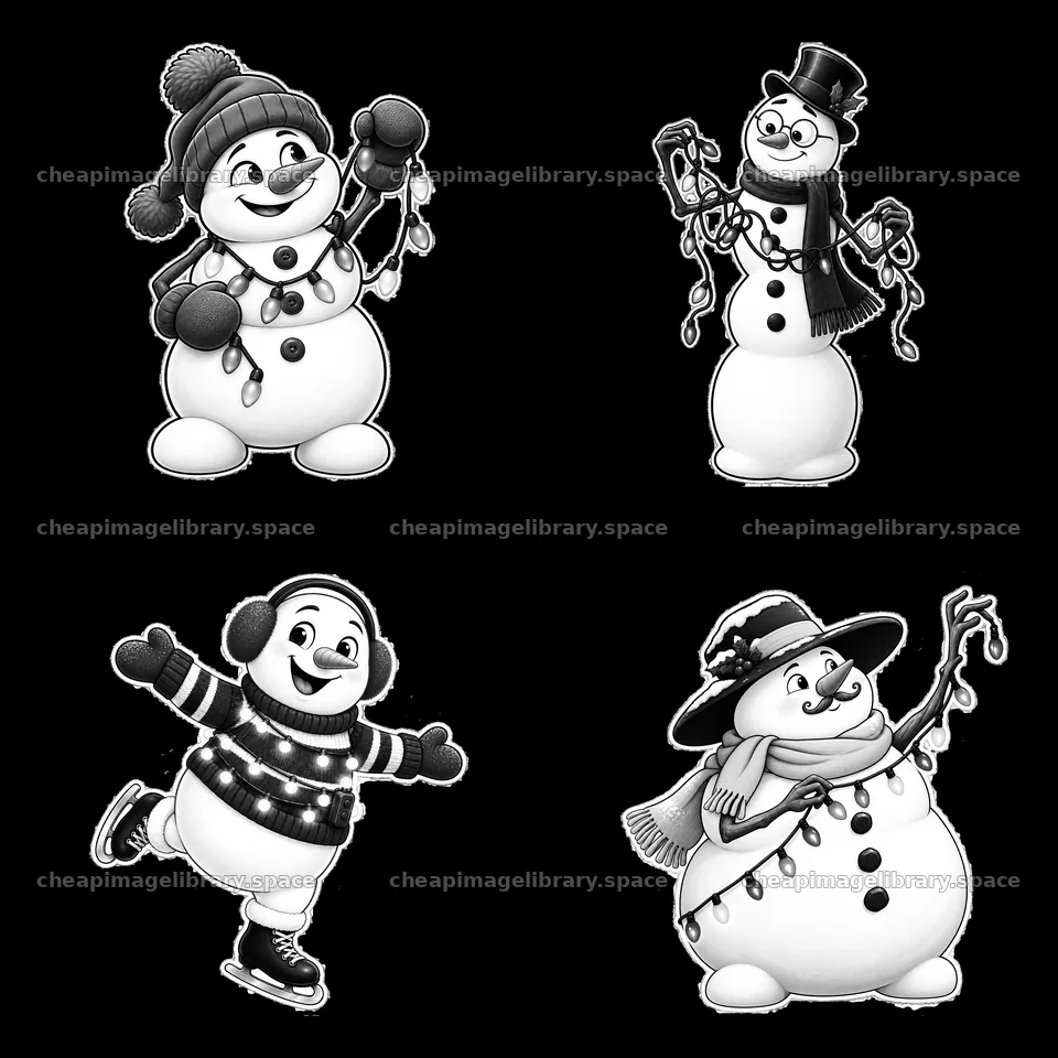Snowmen decorated with string lights in a playful arrangement – image library 7746x7746