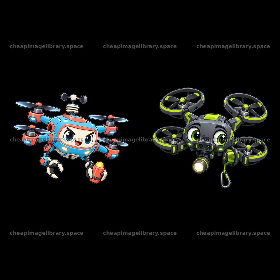 Cartoon drone characters with expressive designs and functions – image library 7746x7746