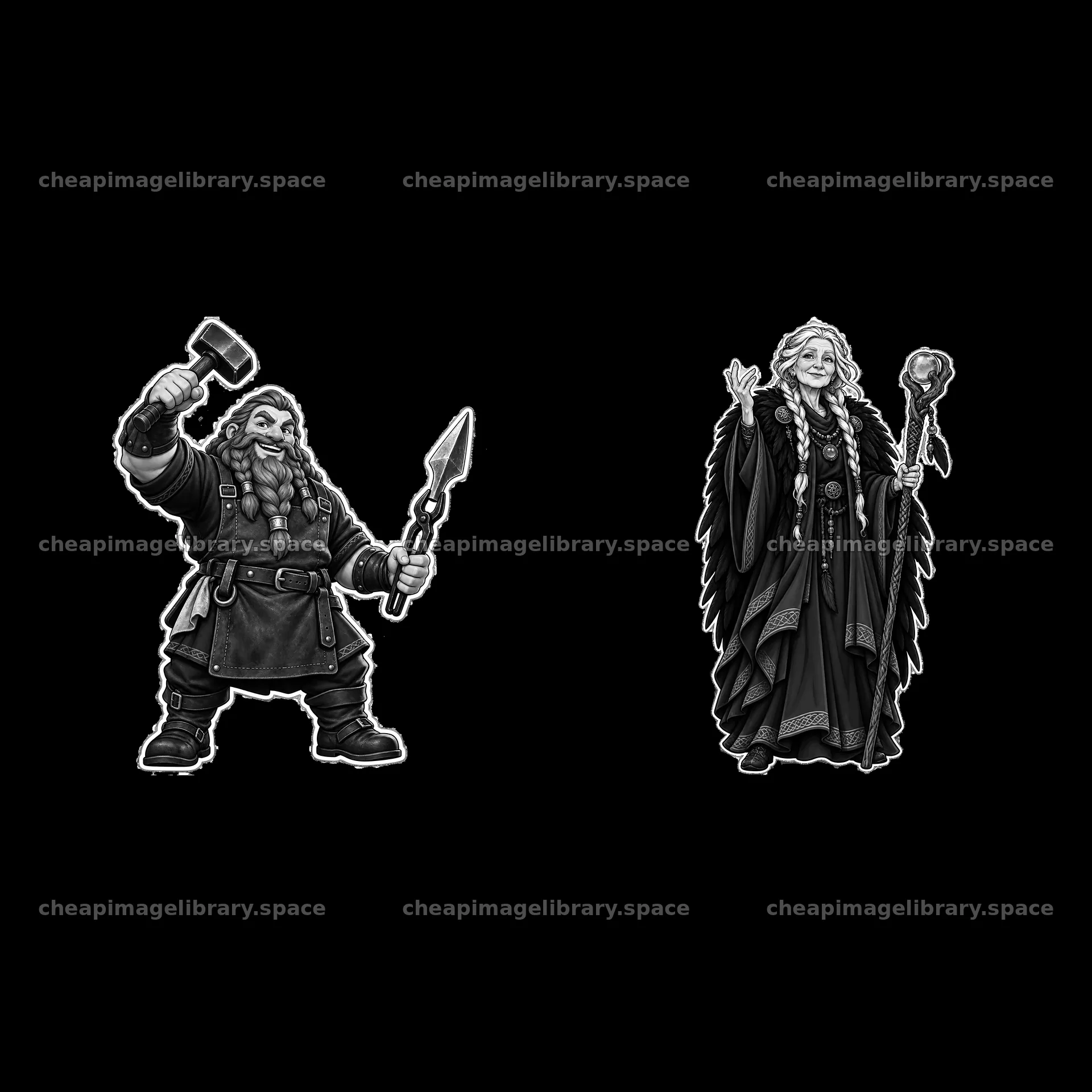 Odin and Thor characters with weapons in monochrome design – image library 7746x7746