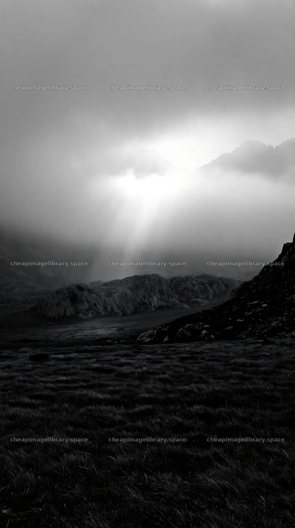 Sunlight breaks through clouds over Picos de Europa meadow – image library 5938x10608