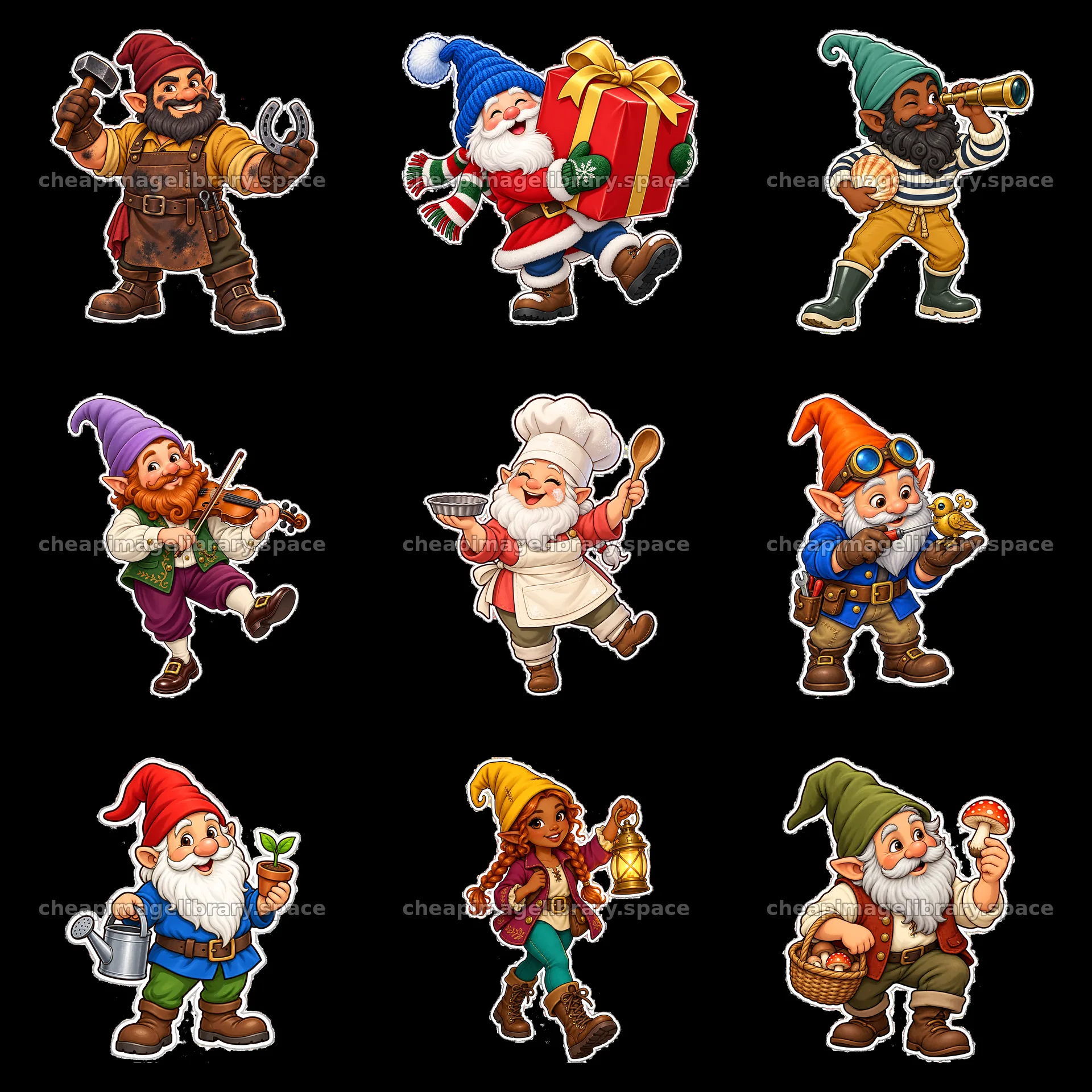 Gnomes engaging in festive activities in a 3x3 arrangement – image library 7746x7746