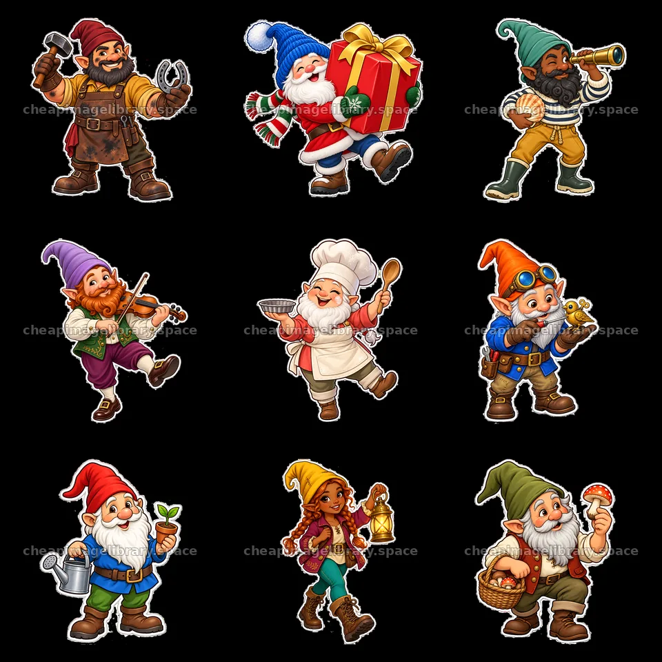 Gnomes engaging in festive activities in a 3x3 arrangement – image library 7746x7746