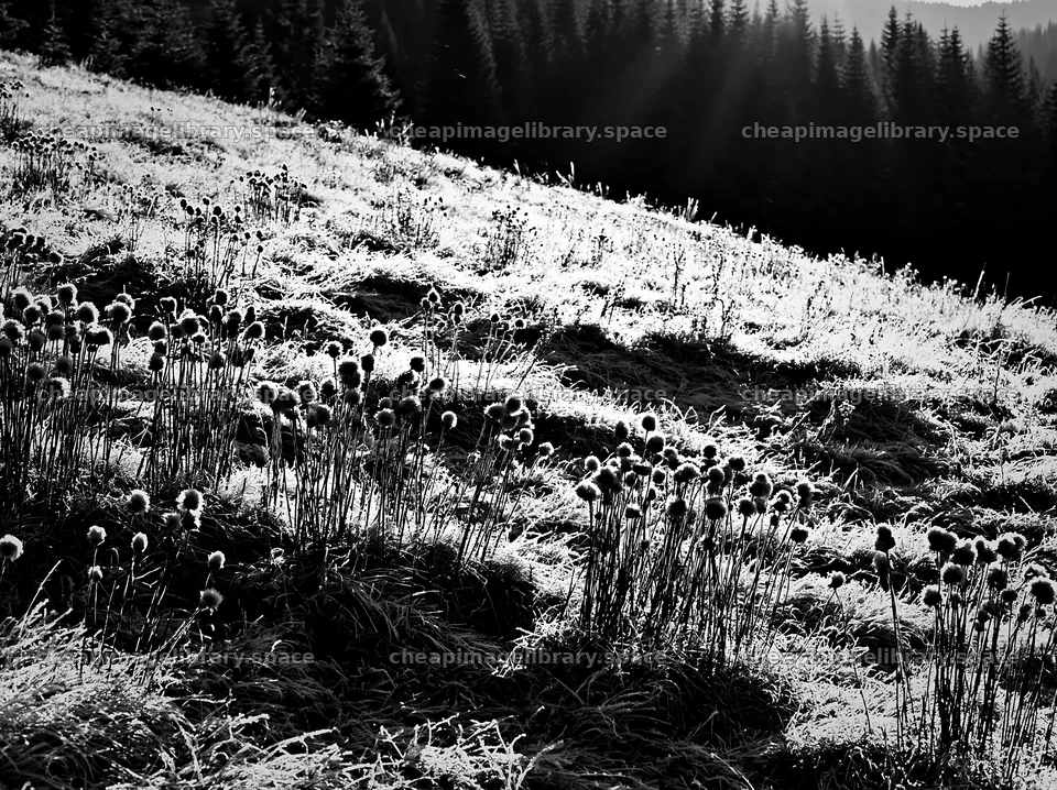 Snowy highland meadow with plants in black and white – image library 9174x6866