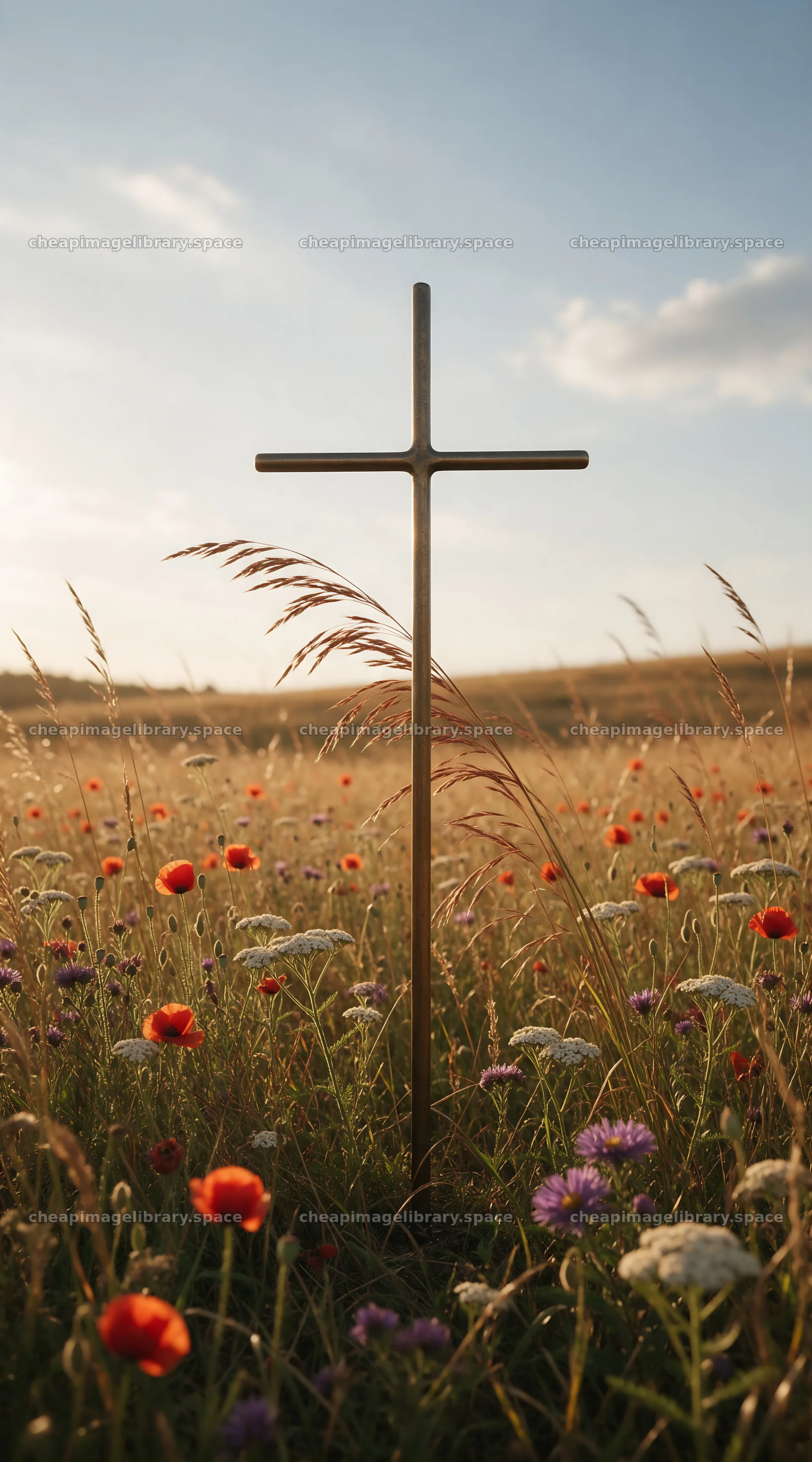 Christian cross in an autumn meadow with copper light – image library 5916x10648
