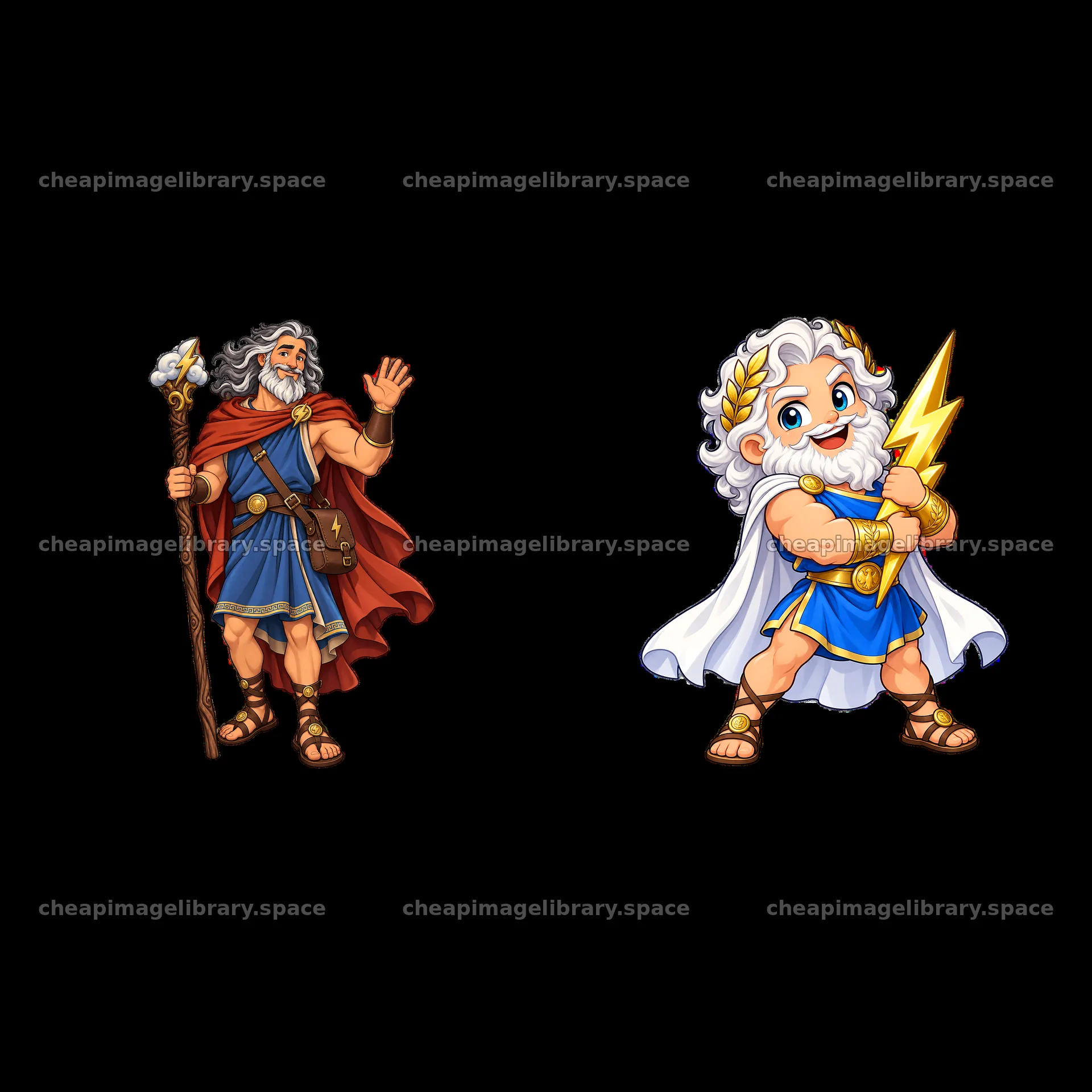 Zeus with a staff and Zeus holding a lightning bolt cartoon sticker – image library 7746x7746