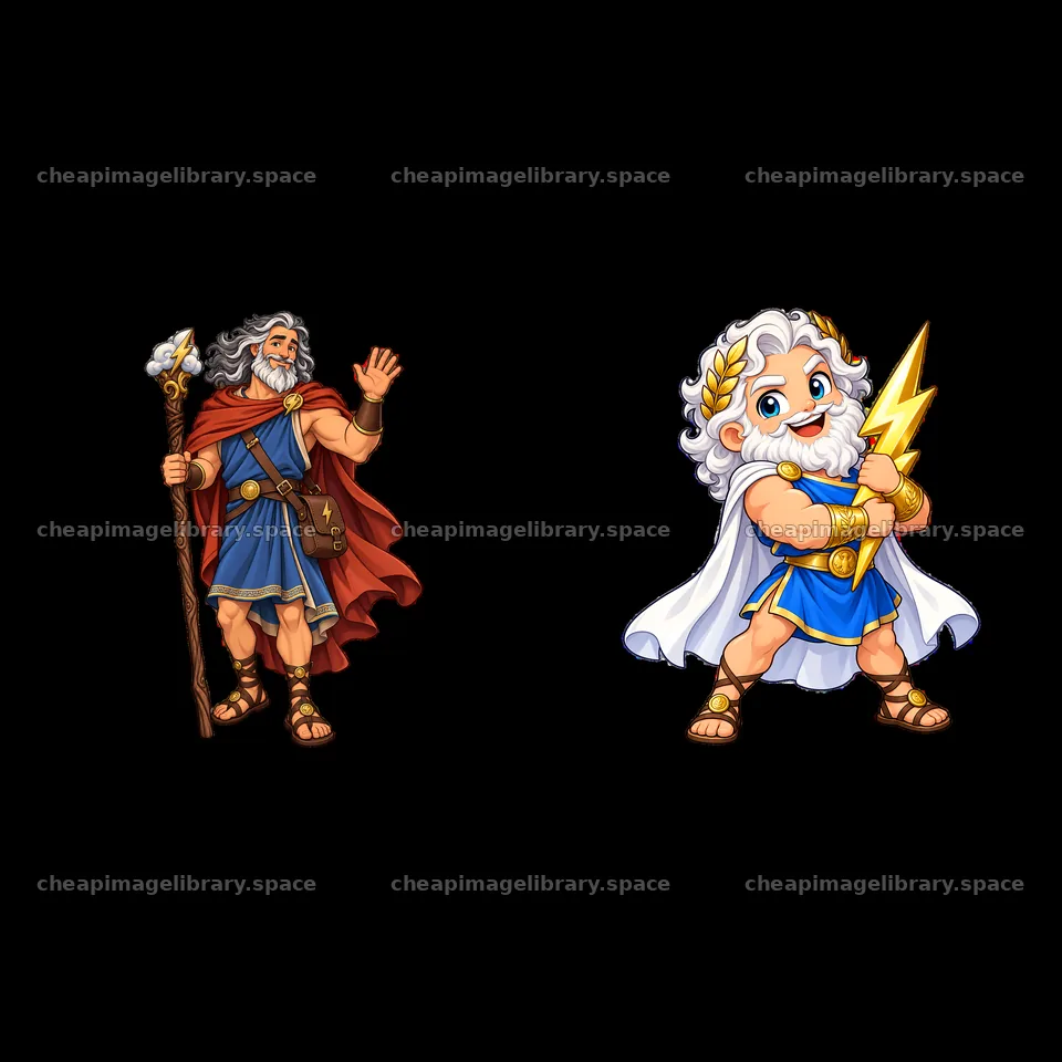 Zeus with a staff and Zeus holding a lightning bolt cartoon sticker – image library 7746x7746