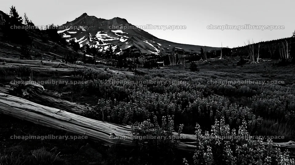 Weathered log meadow with purple flowers and mountain backdrop – image library 10608x5938