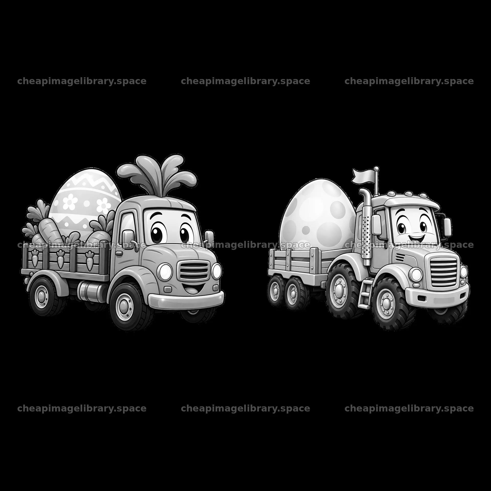 Easter truck delivering decorated eggs in monochrome style – image library 7746x7746
