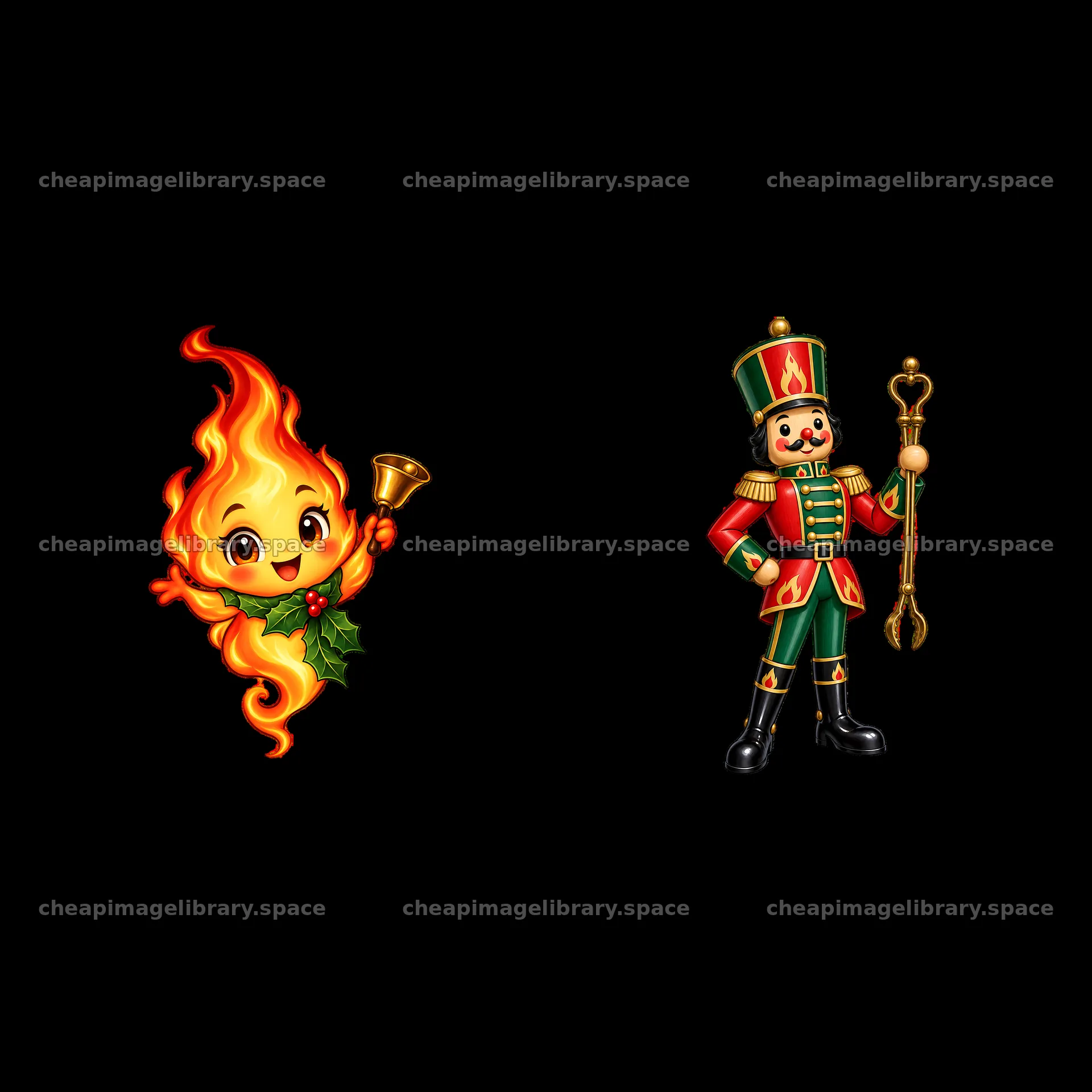 Cheerful flame character with bell and nutcracker soldier – image library 7746x7746