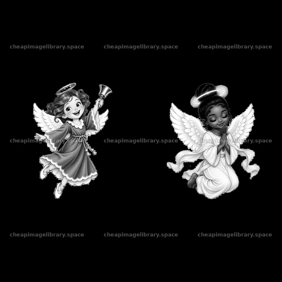 Christmas angels with bell and prayer in black and white – image library 7746x7746