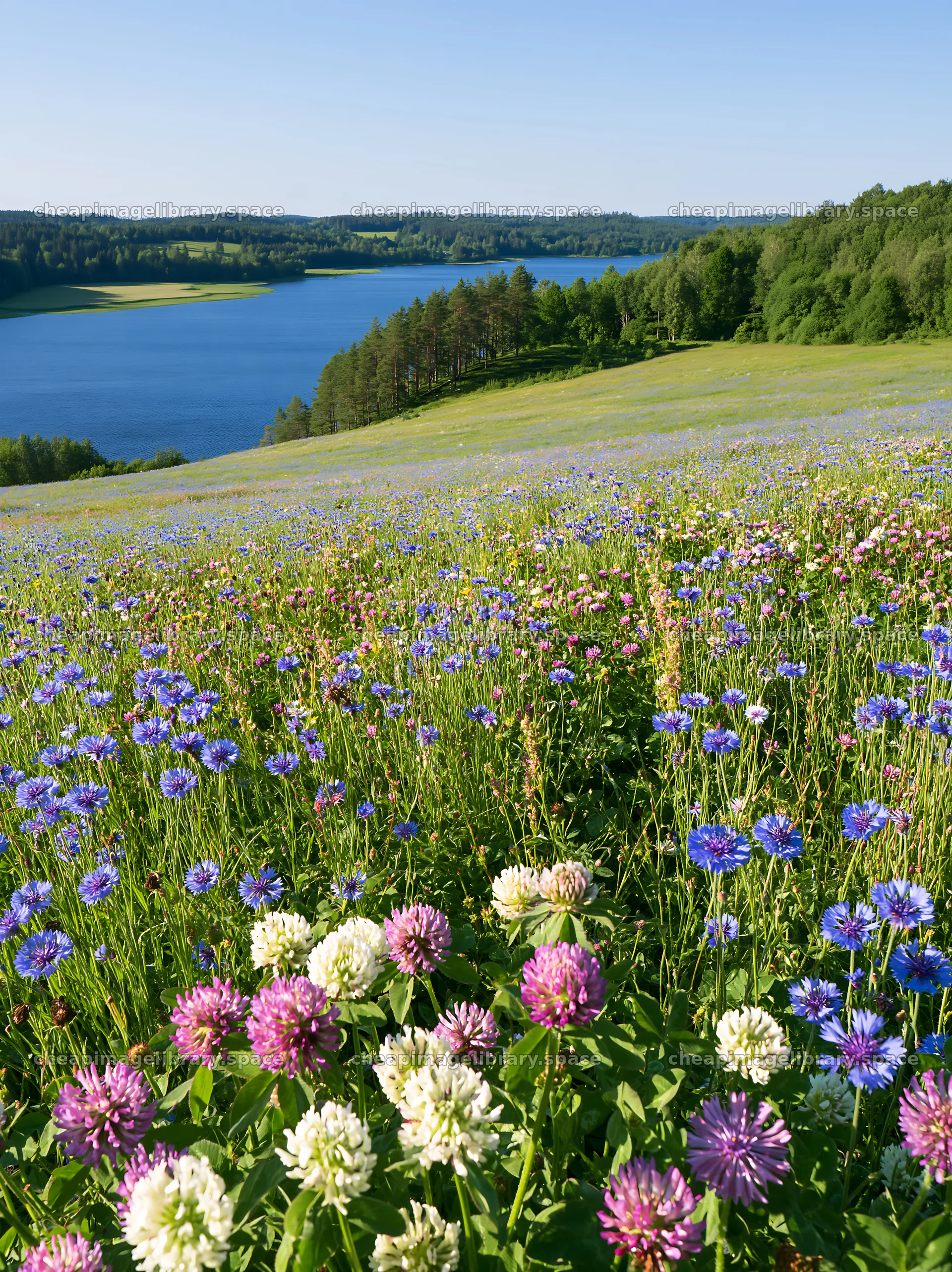 Clover and cornflower meadow with a lake under clear sky – image library 6866x9174