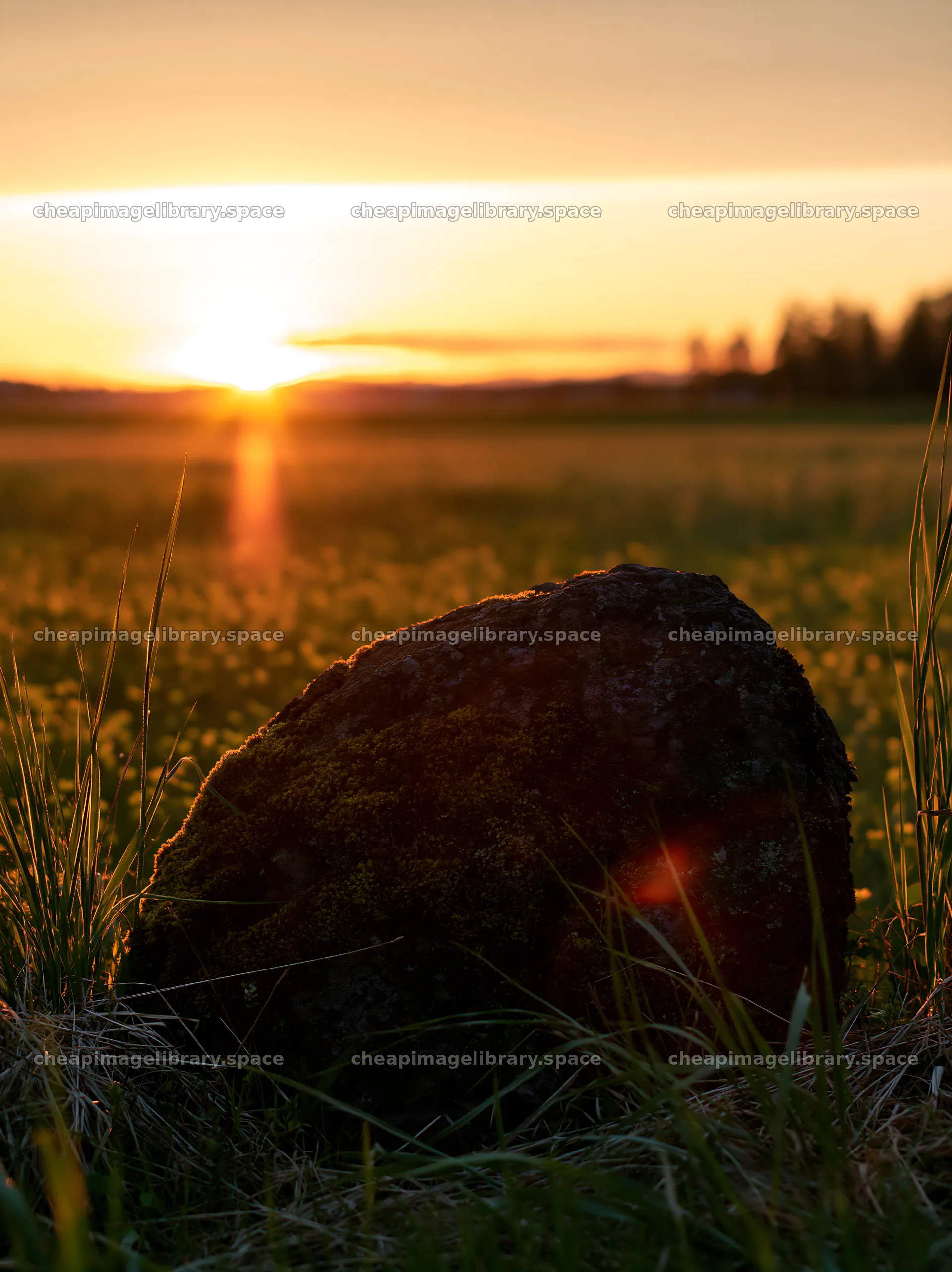 Miyagi spring recovery meadow mossy stone at sunset – image library 6866x9174
